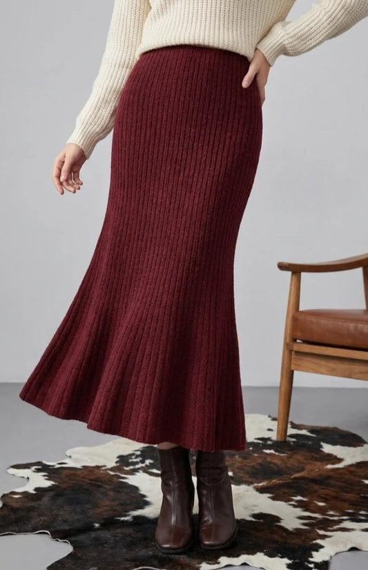 RIBBED MAXI SKIRT - 10-16 - BURGUNDY