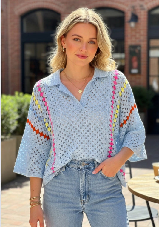 COTTON CROCHET TOP - 10-16 - BLUE