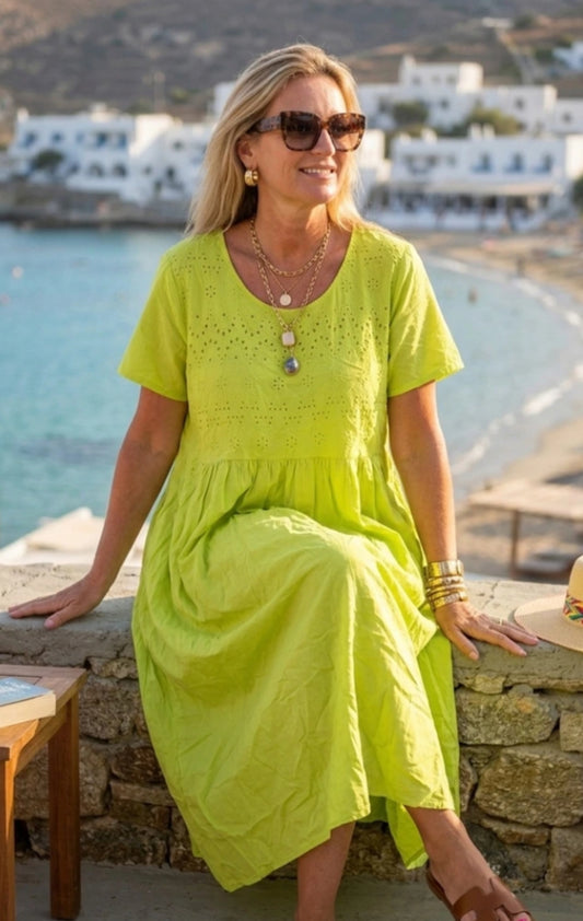 COTTON EMBROIDERY DRESS - 14-18 - LIME