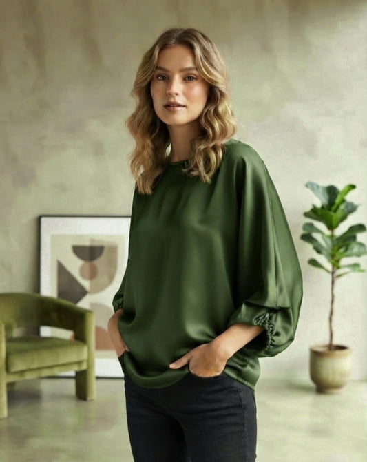SATIN DRAPE TOP - 10-16 - KHAKI