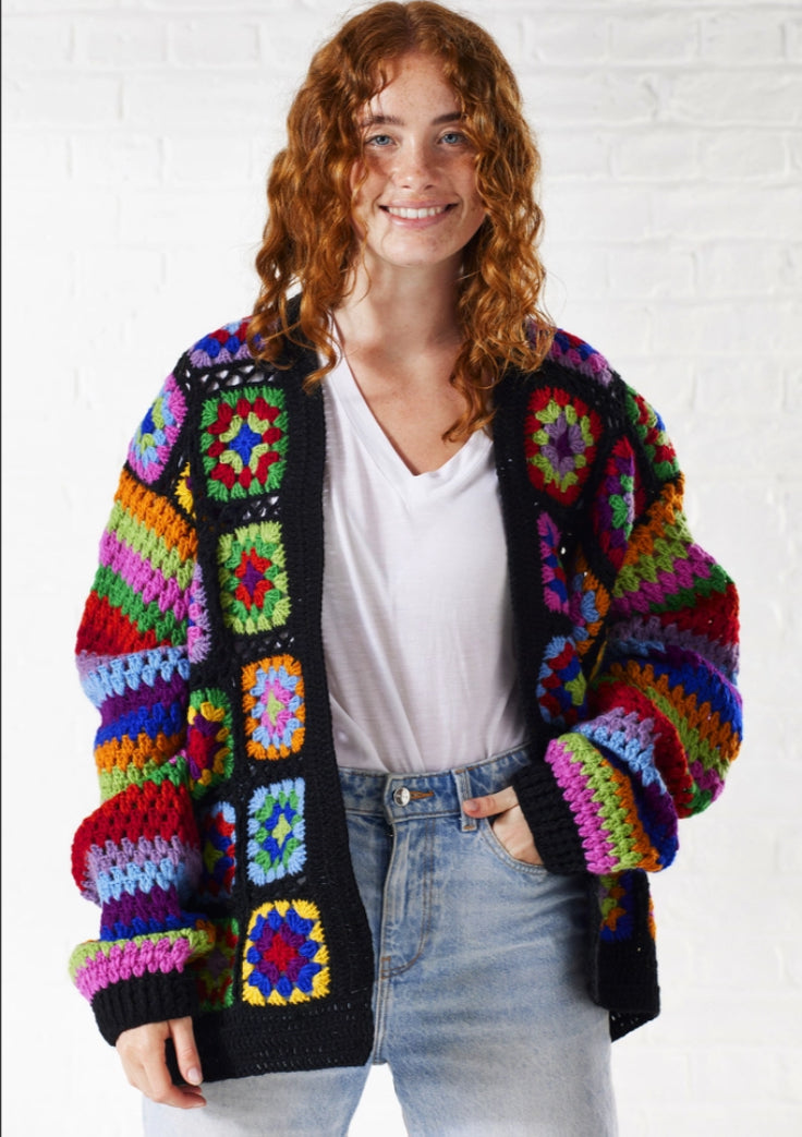 100% WOOL GRANNY SQUARE CARDI - FREE SIZE