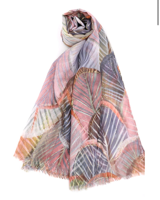 COTTON BLEND LEAF PRINT SCARF - PINK