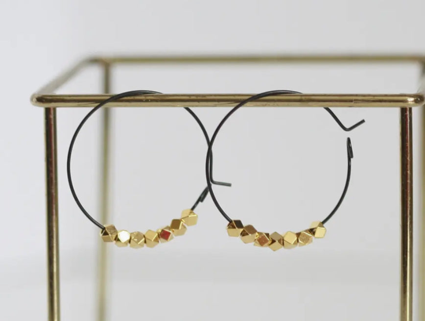 KAIKO - BLACK & BRASS GEOMETRIC HOOPS - GOLD PLATED