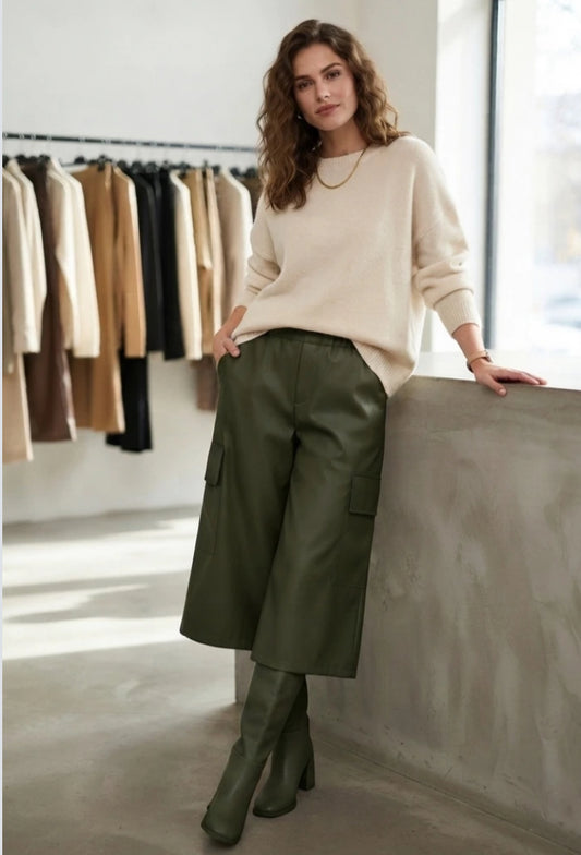 LEATHERETTE CROPPED CARGO PANTS - 10-16 - KHAKI
