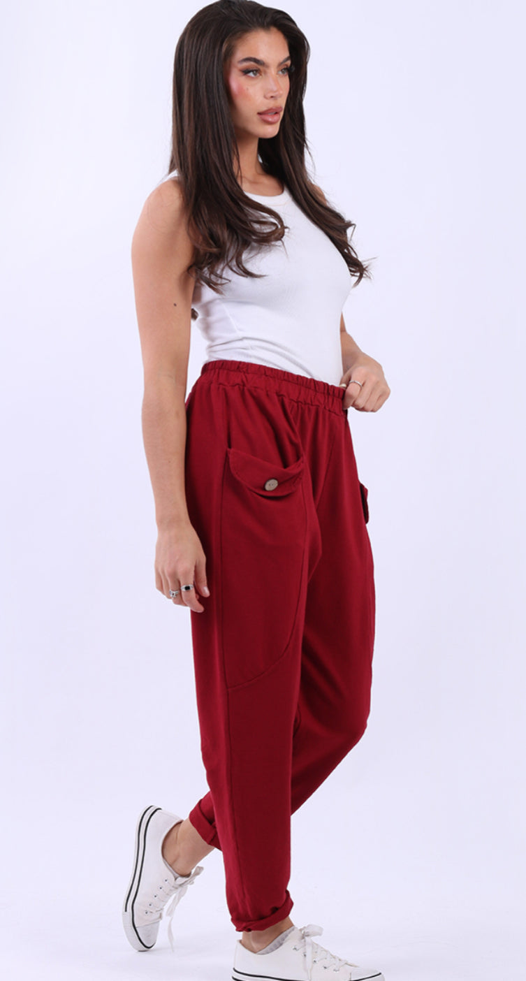 SLOUCH POCKET COTTON PANTS - BURGUNDY - 10-16