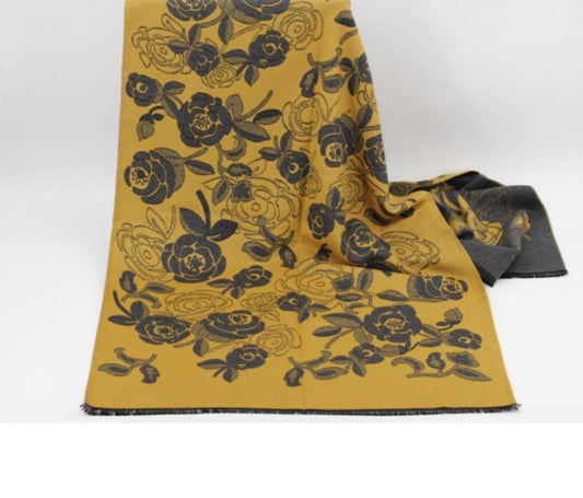 COTTON BLEND COSY DOUBLE SIDED ROSE PRINT SCARF - MUSTARD/GREY