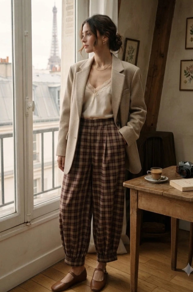 CHECK BALLOON PANTS - S/M & M/L - CHOCOLATE