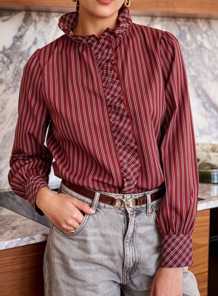 FRILL STRIPE BLOUSE - 10-12 - BURGUNDY