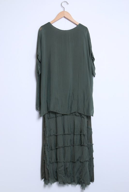 SILK BLEND LAYERED RUFFLE DRESS - KHAKI
