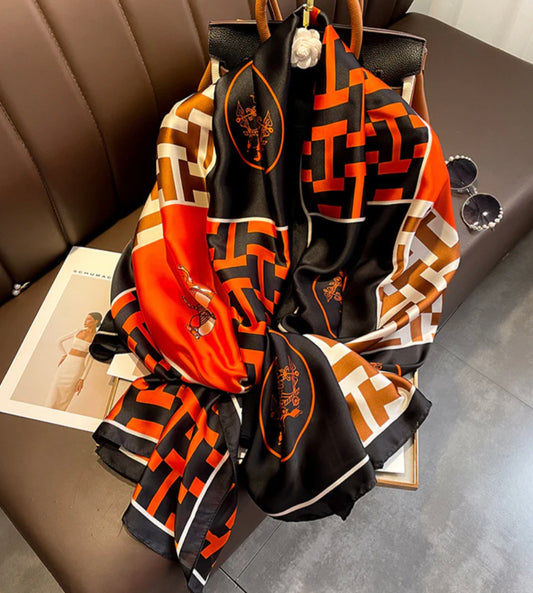 SILK FEEL PRINT SCARF - BLACK/ORANGE