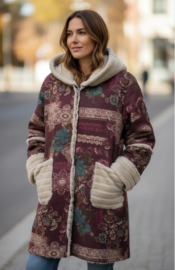 FUR TRIM PRINTED COAT - 10-16 - BURGUNDY