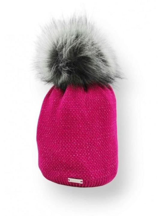 FLEECE LINED KNIT HAT WITH REMOVABLE POM - FUSCHIA