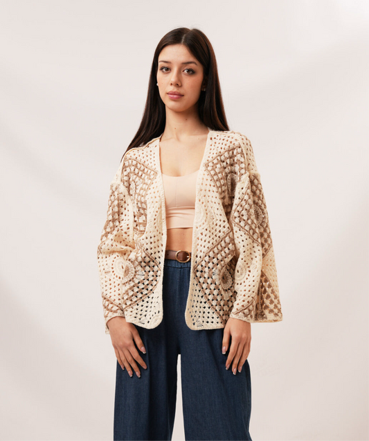 CROCHET CARDI -  FREE SIZE - CAMEL
