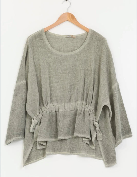 COTTON LINEN RUCHED TOP - 10-16 - KHAKI