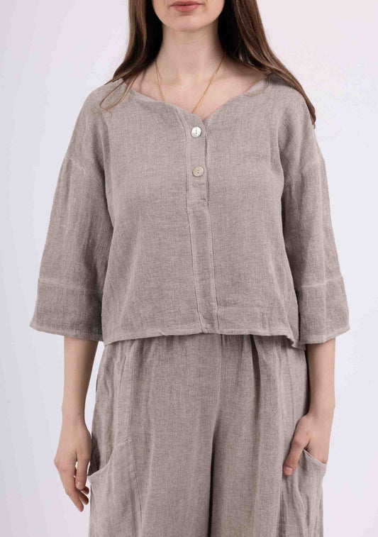 COTTON/LINEN BLEND BUTTON DETAIL TOP - 8-14 - TAUPE