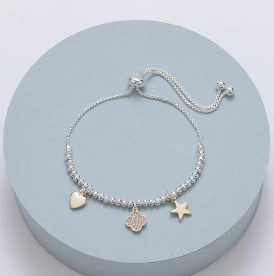 TOGGLE CHARM BRACELET - HEART,FLOWER, STAR