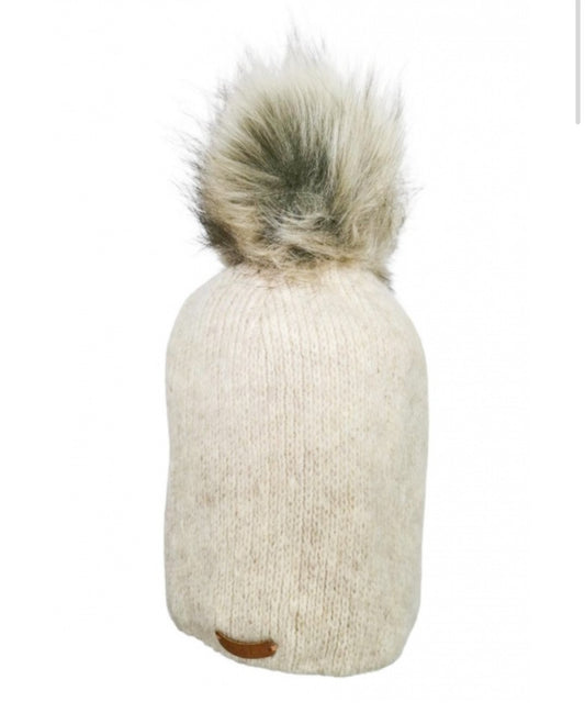 FLEECE LINED HAT WITH REMOVABLE POM - BEIGE