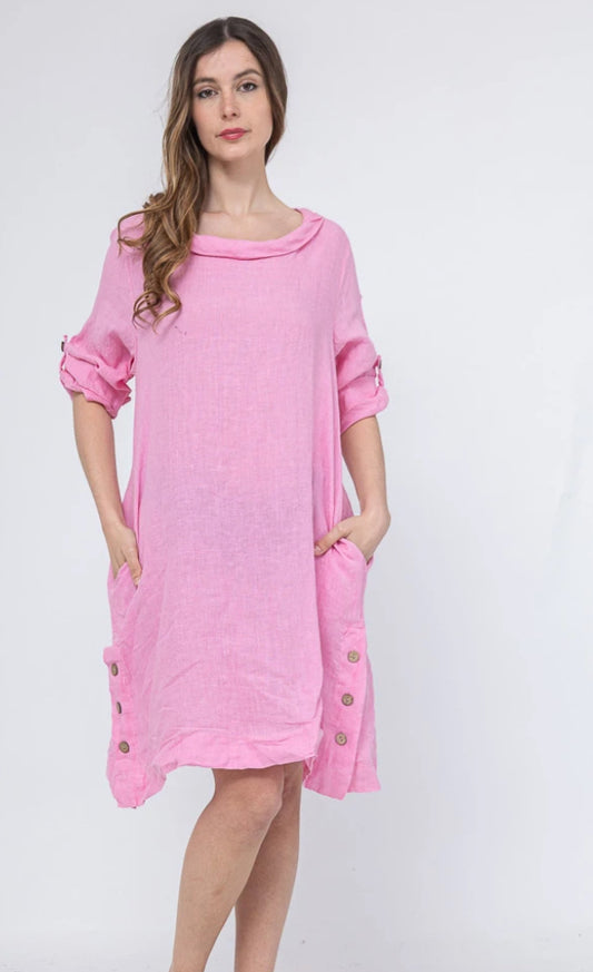 COWL BUTTON DETAIL LINEN DRESS - 10-16 - PINK