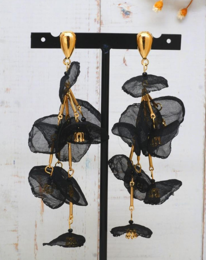 BLACK ORGANZA PETAL STATEMENT EARRINGS