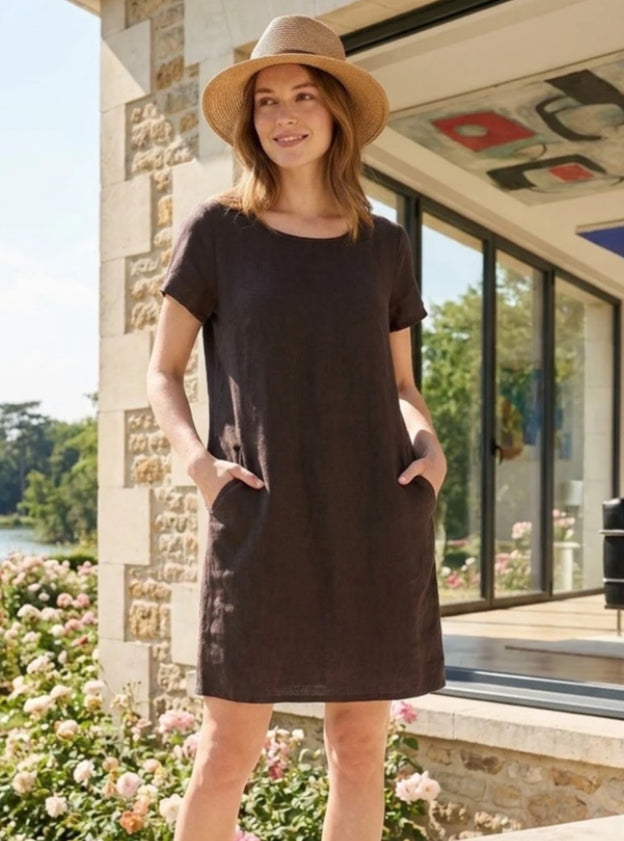 LINEN POCKET DRESS - 8-14 - BROWN