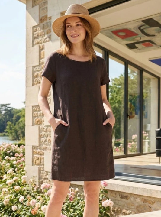 LINEN POCKET DRESS - 8-14 - BROWN