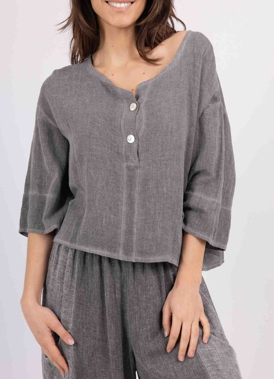 COTTON/LINEN BLEND BUTTON DETAIL TOP - 8-14 - CHARCOAL
