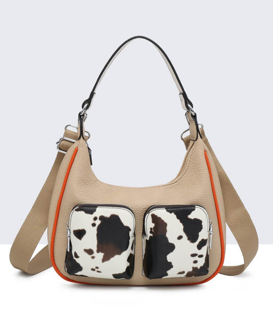 DOUBLE POCKET COW PRINT SHOULDER/CROSSBODY