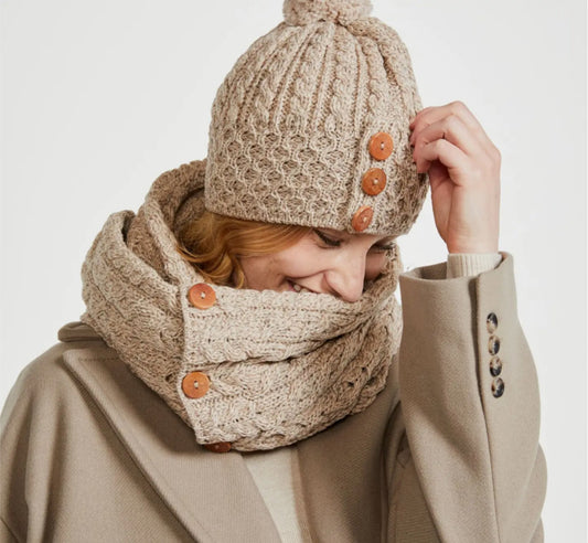 MERINO WOOL BUTTON POM HAT - OAT - MADE IN IRELAND