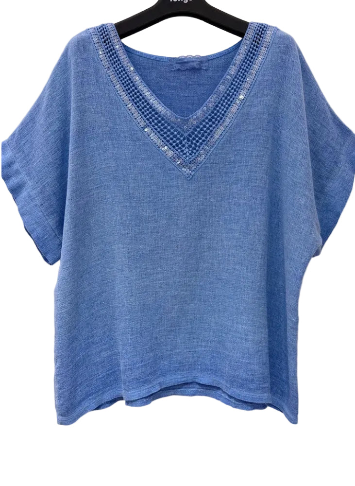 COTTON/LINEN SEQUIN TRIM TOP - 10-16 - BLUE
