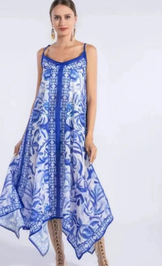 HANKY HEM SUN/ BEACH DRESS- 8-14 - BLUE