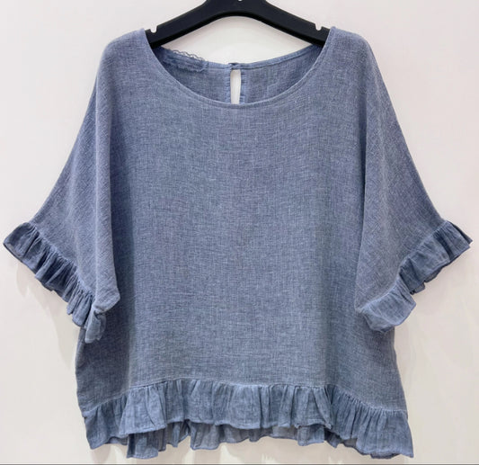 LINEN/COTTON FRILL HEM TOP - 10-16 - NAVY