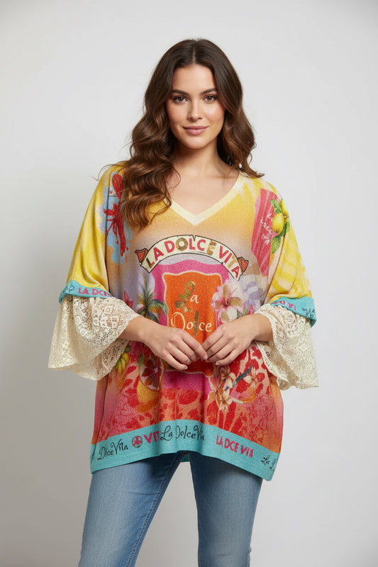 MULTI PRINT LACE CUFF TOP - 10-16