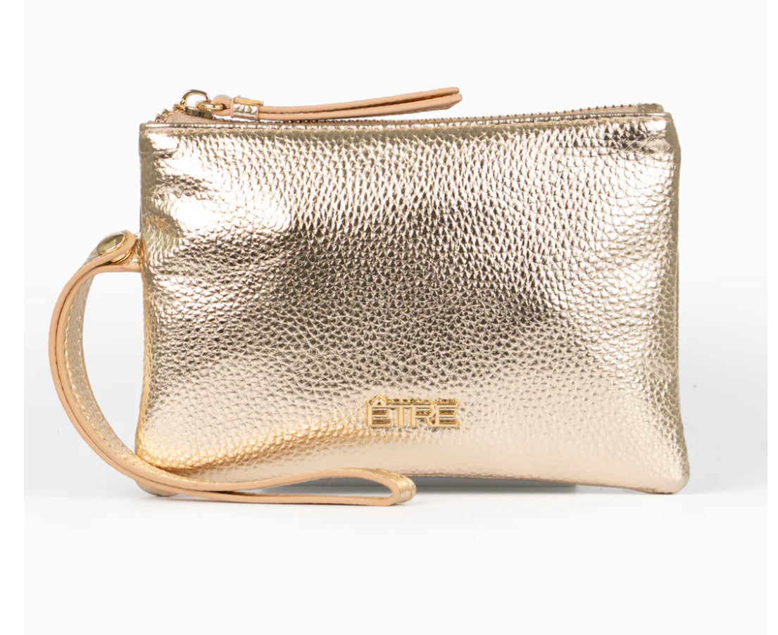 METALLIC GOLD WRISTLET PURSE WITH CAMEL LINING