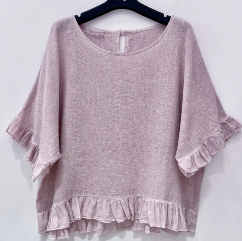 COTTON/LINEN FRILL HEM TOP - 10-16 - PINK