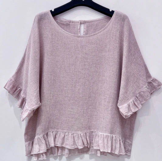 COTTON/LINEN FRILL HEM TOP - 10-16 - PINK