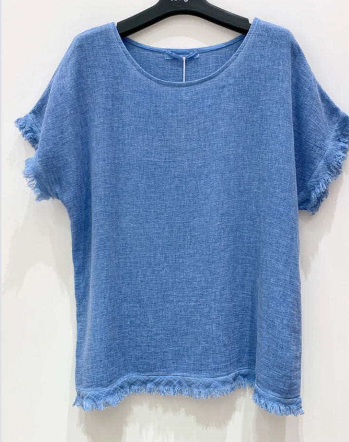 LINEN/COTTON RAW EDGE TEE - 10-16 - BLUE