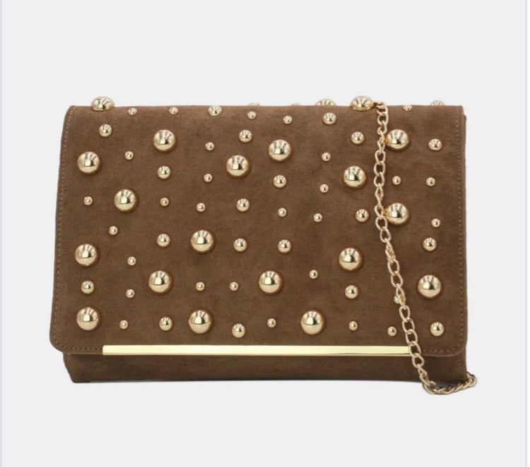 STUD VELVET BAG - CAMEL