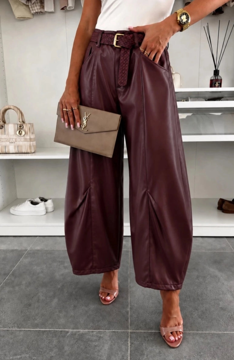 LEATHERETTE BARREL PANTS 6-8 & 8-10 - BURGUNDY