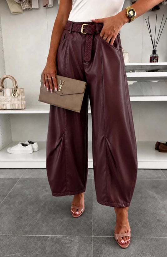 LEATHERETTE BARREL PANTS 8-10 & 10-12 - BURGUNDY