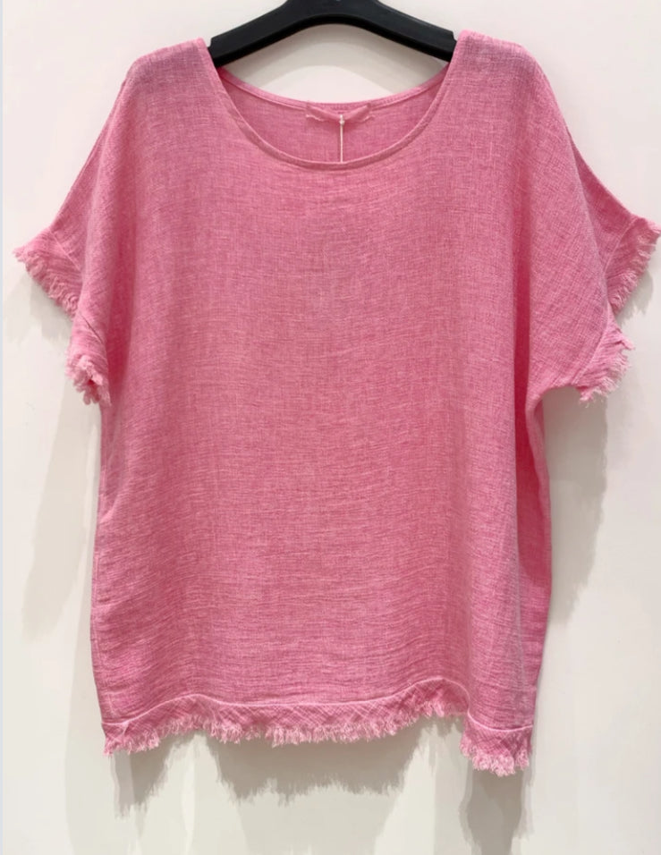 LINEN/COTTON RAW EDGE TEE - 10-16 - FUSCHIA