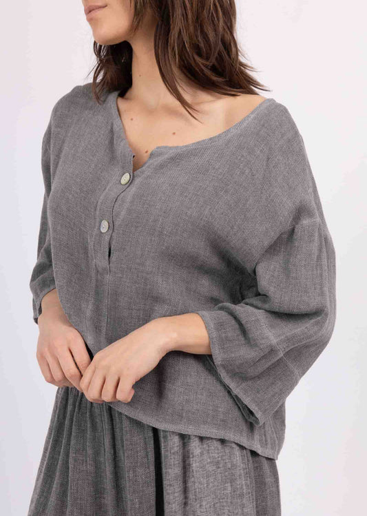 COTTON/LINEN BLEND BUTTON DETAIL TOP - 8-14 - CHARCOAL
