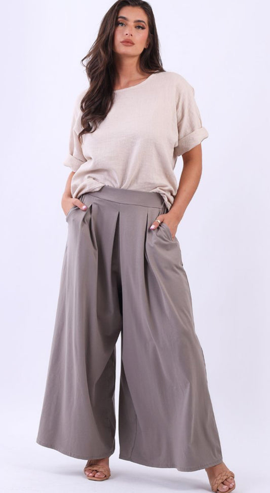 WIDE LEG PLEATED PALAZZO PANTS - MOCHA - 10-16