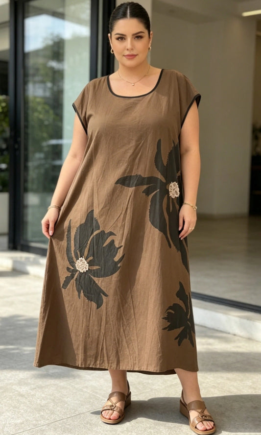 COTTON FLORAL APPLIQUÉ DRESS - 12-18 - CHOCOLATE