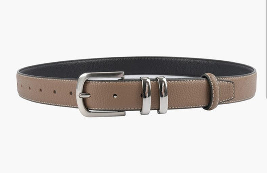 SILVER BUCKLE LEATHER BELT - TAUPE