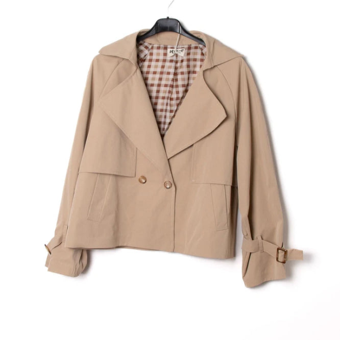 CHECK LINED SHORT TRENCH - 8-14 - BEIGE