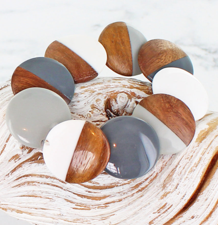 WOOD & RESIN ELASTICATED DISC BRACELET