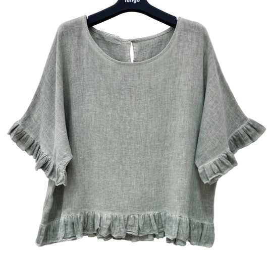 FRILL TRIM COTTON LINEN TOP - 10-16