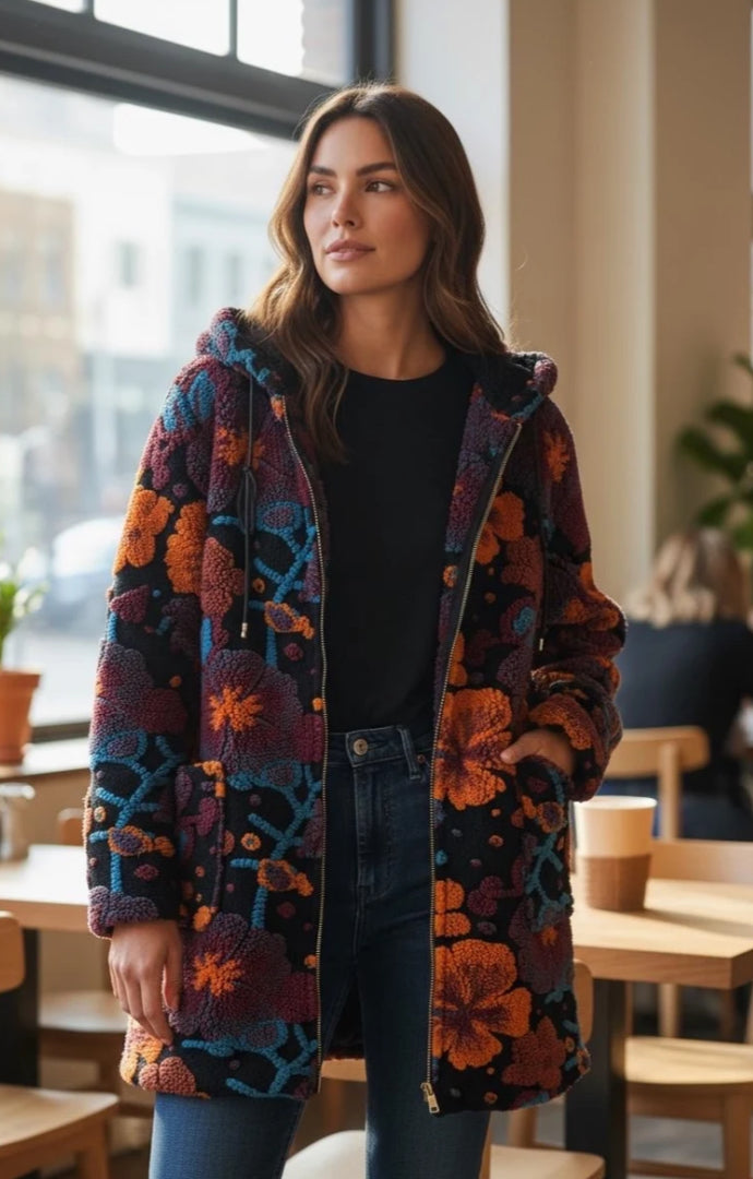 LINED WOOL FLORAL PRINT COAT - 10-16