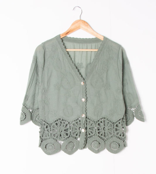 COTTON LACE DETAIL TOP - 8-14 - KHAKI