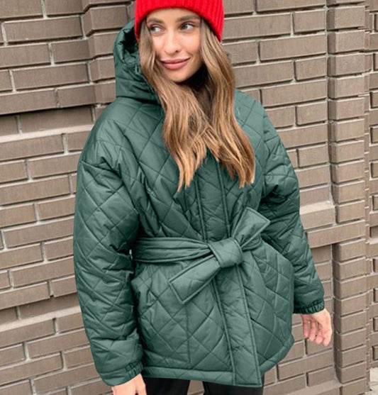 QUILTED HOOD JACKET WITH BELT - 10-14 - SAGE